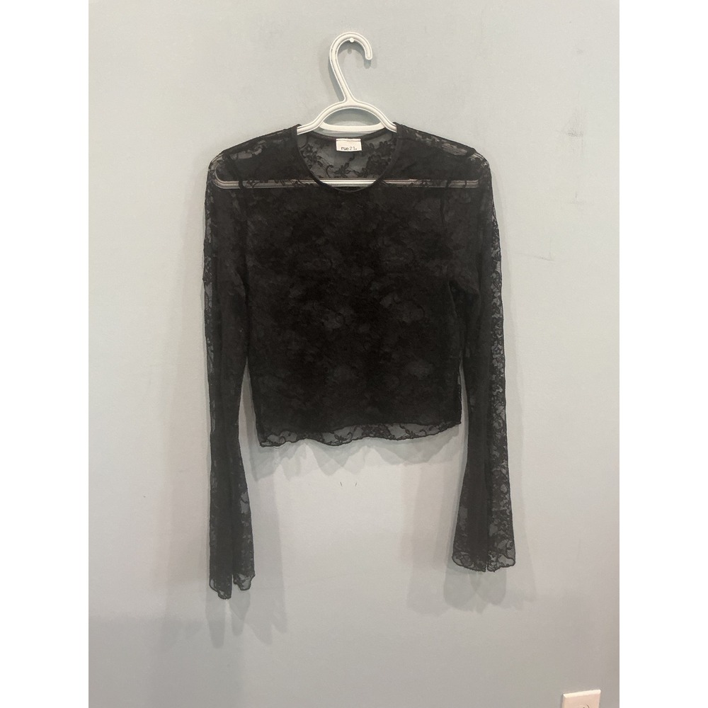 Vintage Womens Y2K Witchy Lace Top Black Sheer Flare Sleeve Whimsigoth Vamp Goth